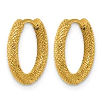 Pair of gold hoop earrings with a textured crosshatch pattern, shown against a white background.