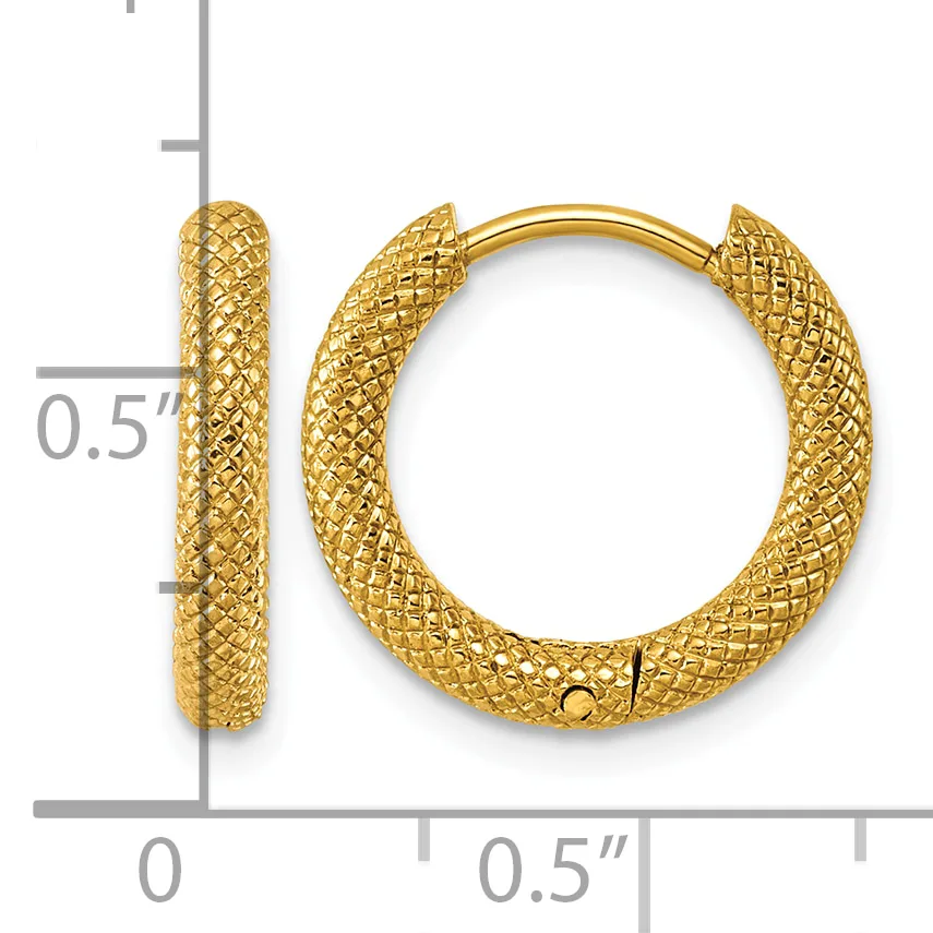 A pair of gold textured hoop earrings with a quilted diamond pattern, shown with a ruler indicating they are approximately 0.5 inches in diameter.