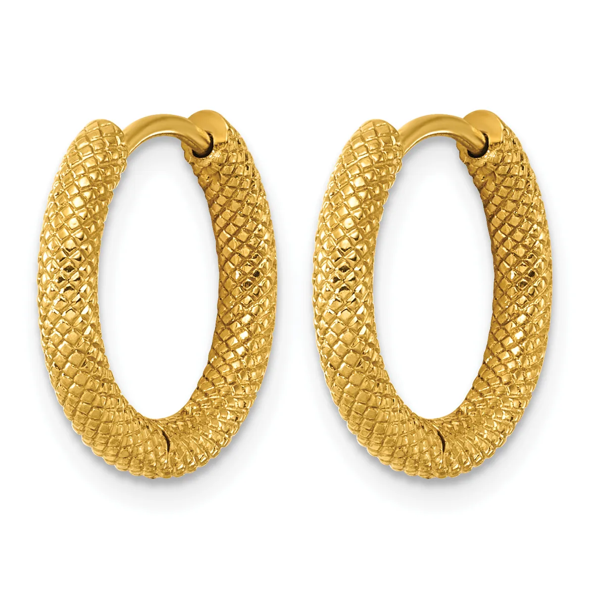 A pair of gold hoop earrings with a textured scale pattern finish, shown against a white background.