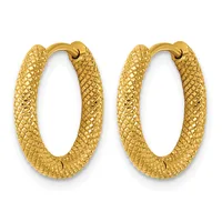 A pair of gold hoop earrings with a textured scale pattern finish, shown against a white background.