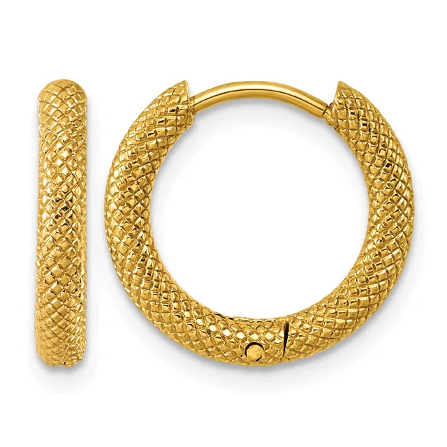 A pair of gold hoop earrings with a textured diamond pattern surface, shown from the front and side views.