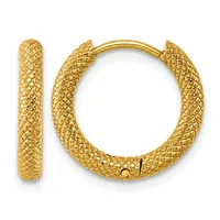A pair of gold hoop earrings with a textured diamond pattern surface, shown from the front and side views.