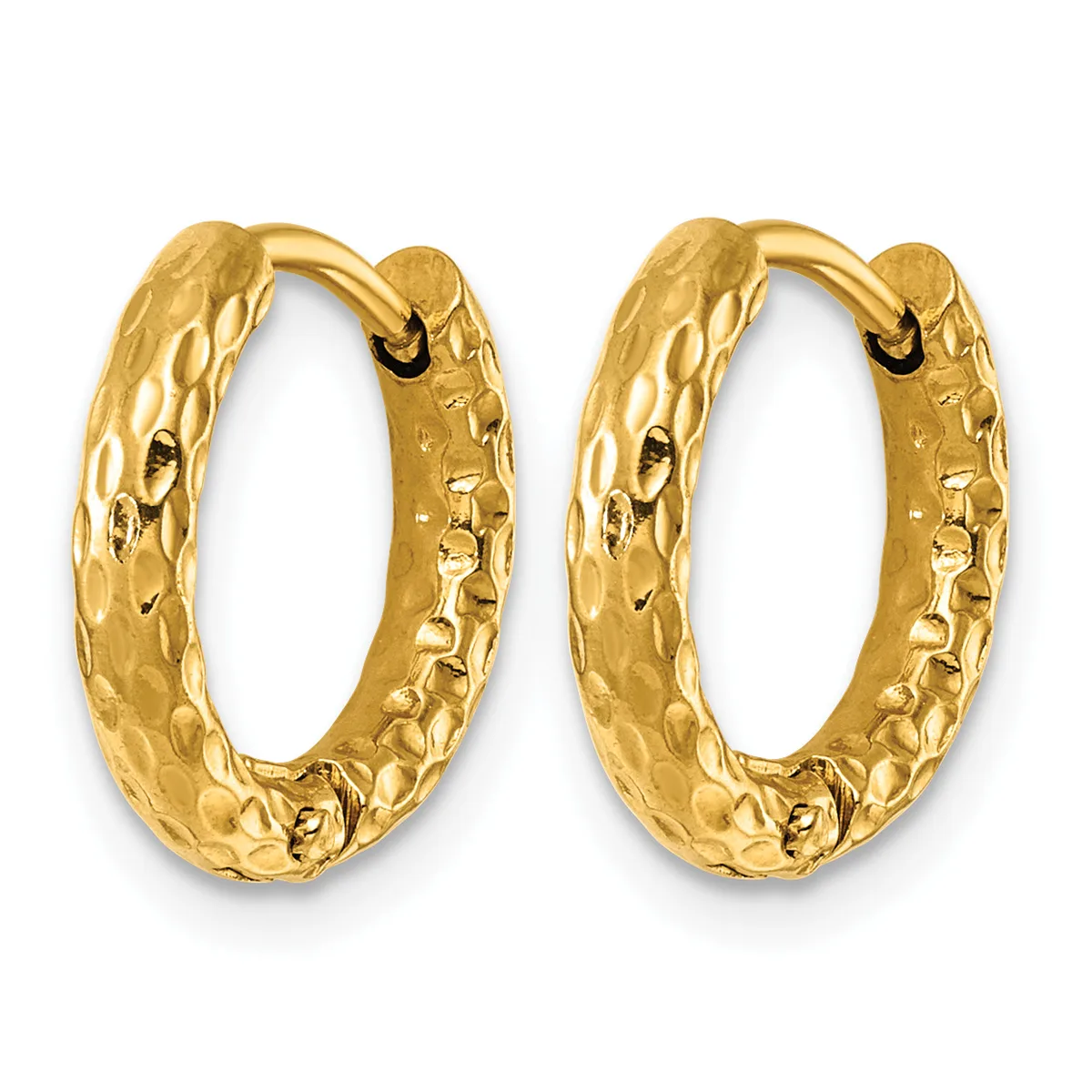 Pair of gold hoop earrings with a textured, hammered surface finish and hinged closures.