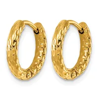 Pair of gold hoop earrings with a textured, hammered surface finish and hinged closures.