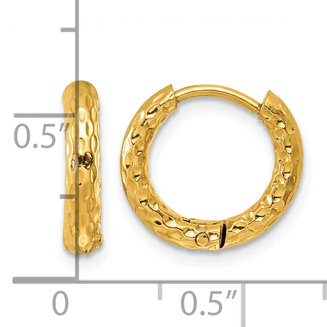 A pair of gold textured hoop earrings with a hammered surface finish, displayed next to a measurement scale showing approximately 0.5 inches in width.