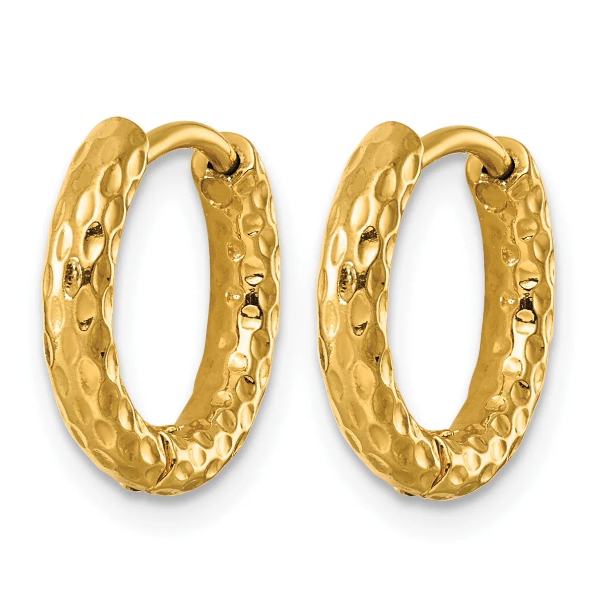 A pair of gold hoop earrings with a textured hammered surface finish, shown from the front against a white background.