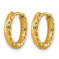 A pair of gold hoop earrings with a textured hammered surface finish, shown from the front against a white background.