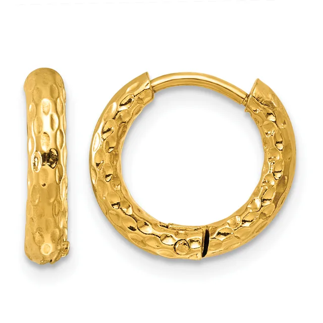 A pair of gold textured hoop earrings with a hammered surface finish, displayed from front and side views.
