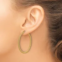 A woman wearing a large textured gold oval hoop earring in her earlobe, shown in profile view.