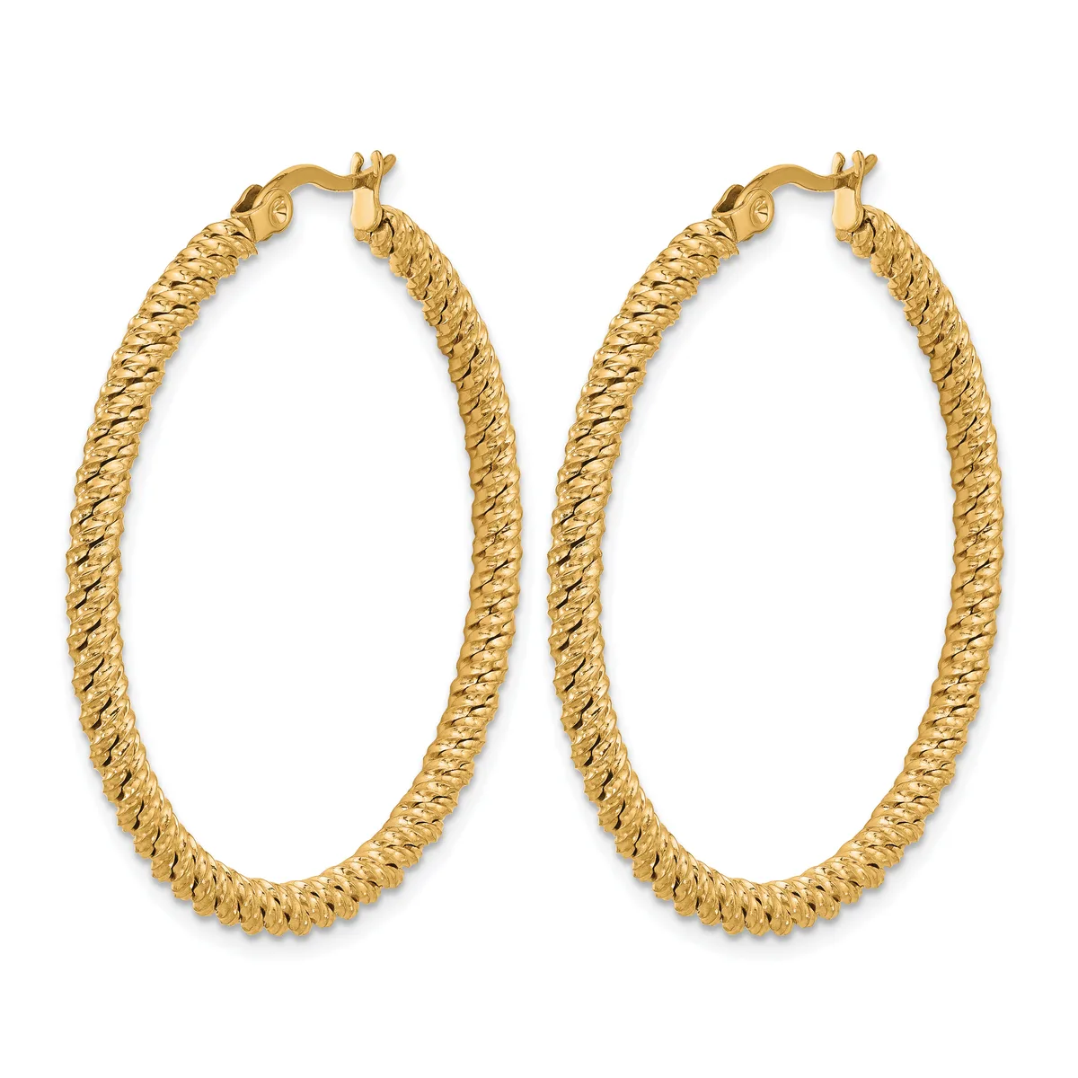 A pair of gold-toned twisted hoop earrings with textured surfaces and clasp closures, displayed against a white background.