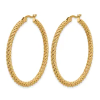 A pair of gold-toned twisted hoop earrings with textured surfaces and clasp closures, displayed against a white background.
