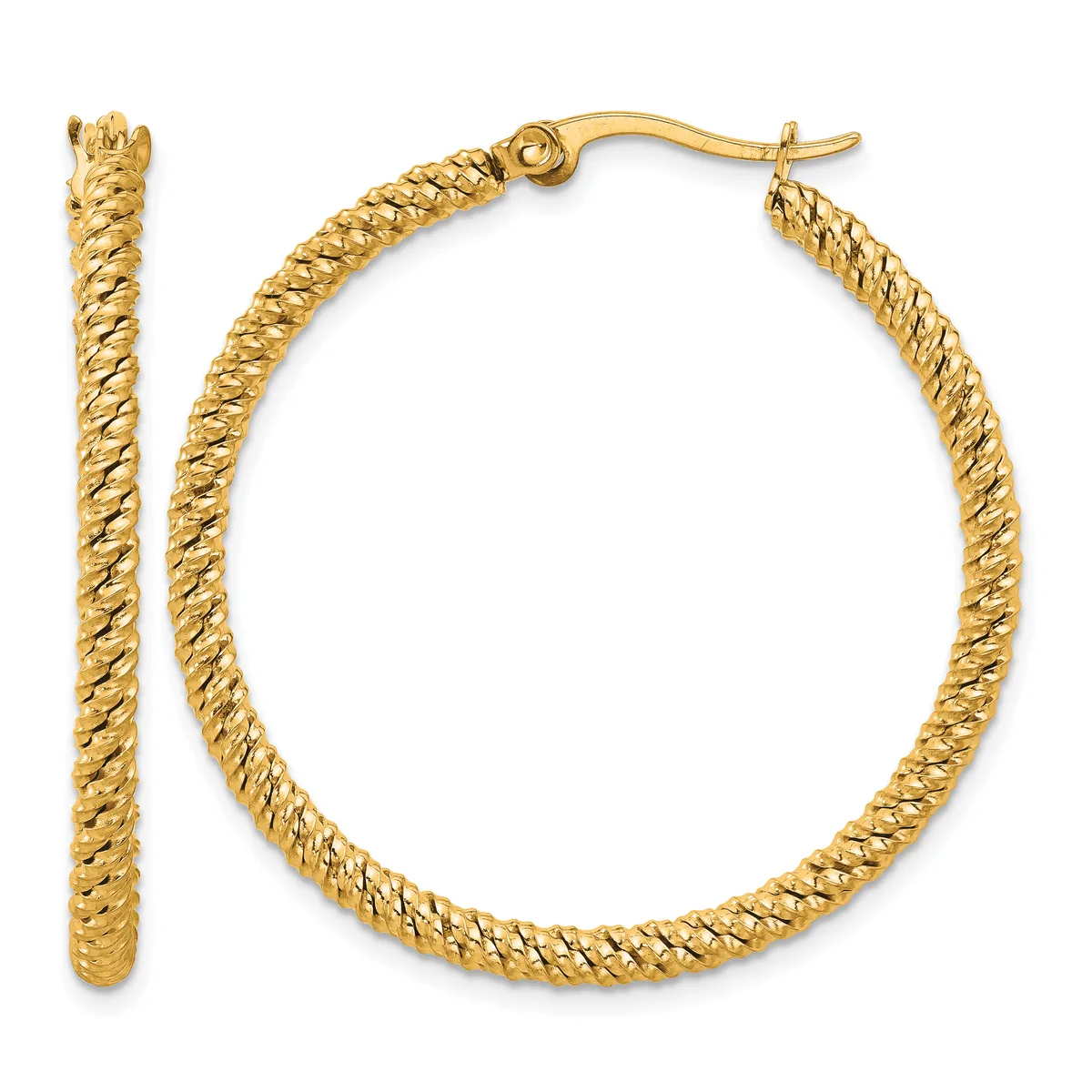 A pair of gold twisted hoop earrings with post and clutch backs, shown from the front and side.