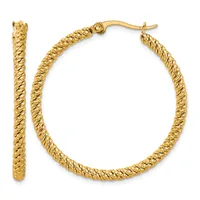 A pair of gold twisted hoop earrings with post and clutch backs, shown from the front and side.