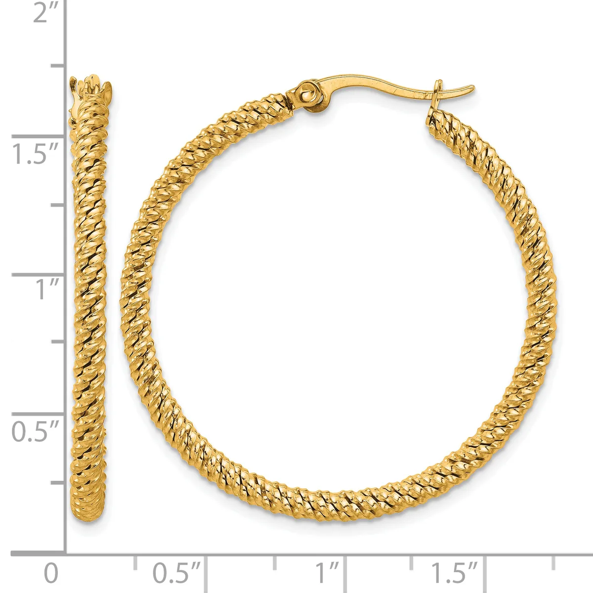 A pair of gold twisted hoop earrings displayed next to a ruler showing approximately 1.5 inches in diameter and width.