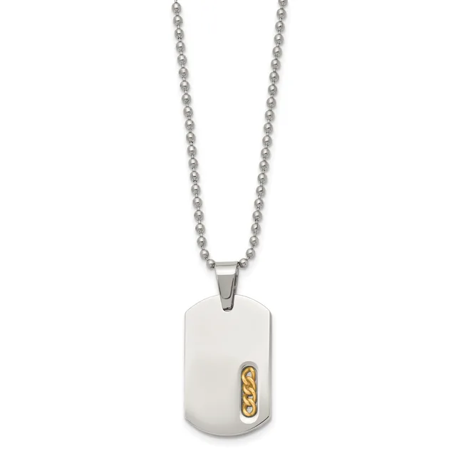 A stainless steel dog tag pendant with a small gold-colored accent detail hanging from a beaded chain.
