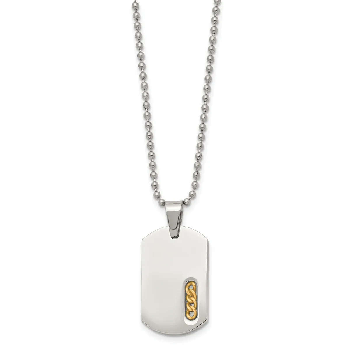 A stainless steel dog tag pendant with a small gold-colored accent detail hanging from a beaded chain.