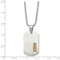 A stainless steel dog tag pendant with a gold-colored chain link accent, suspended from a beaded ball chain, shown against a measurement scale.