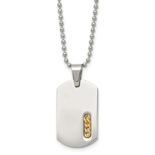Silver rectangular dog tag pendant with gold chain link accent detail, suspended from a ball chain necklace in silver.