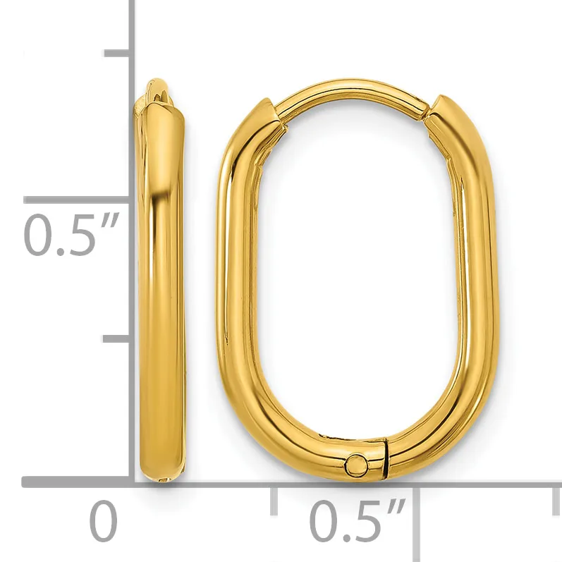 A pair of polished gold-colored oval hoop earrings with a hinged closure, shown with measurement scale indicating approximately 0.5 inches in height and width.