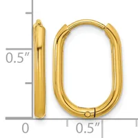 A pair of polished gold-colored oval hoop earrings with a hinged closure, shown with measurement scale indicating approximately 0.5 inches in height and width.