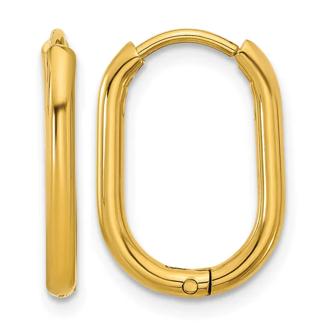 A pair of polished gold-colored oval hoop earrings with a hinged closure, shown from the front and side views.