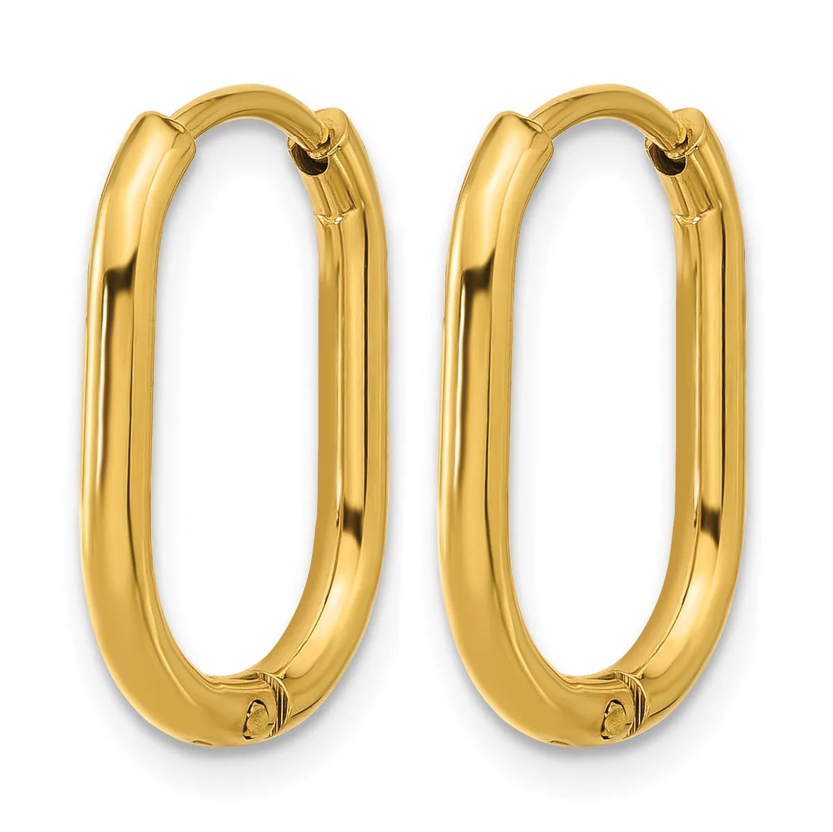 A pair of polished gold oval hoop earrings with hinged closures, displayed against a white background.