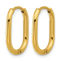 A pair of polished gold oval hoop earrings with hinged closures, displayed against a white background.