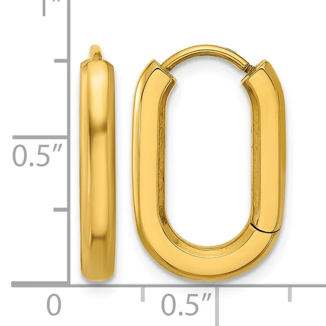 Pair of polished gold oval hoop earrings with a hinged closure, shown next to a ruler indicating approximately half-inch width.