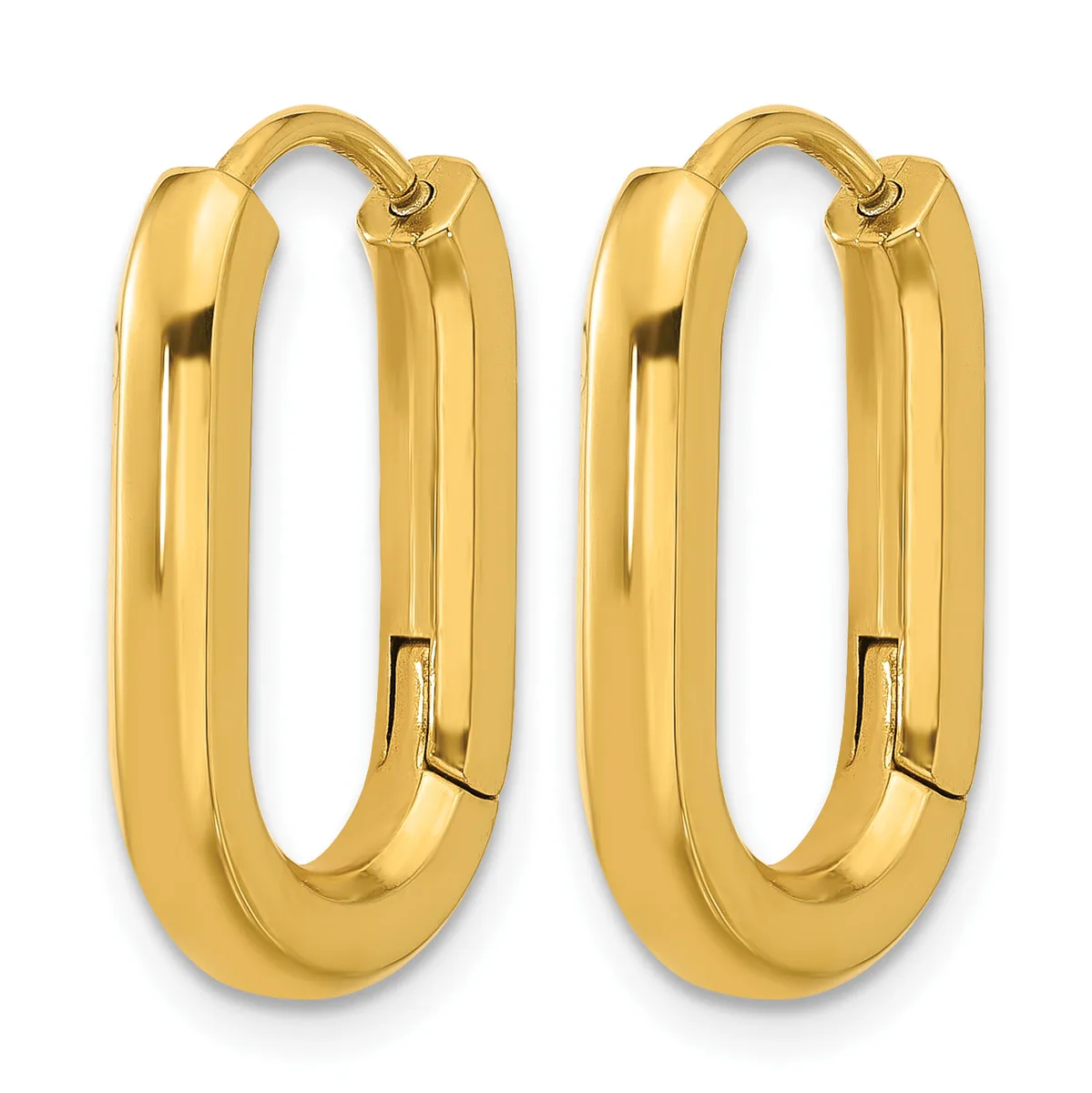 A pair of polished gold hoop earrings with a rounded rectangular shape and hinged closure mechanism.