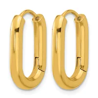 A pair of polished gold hoop earrings with a rounded rectangular shape and hinged closure mechanism.