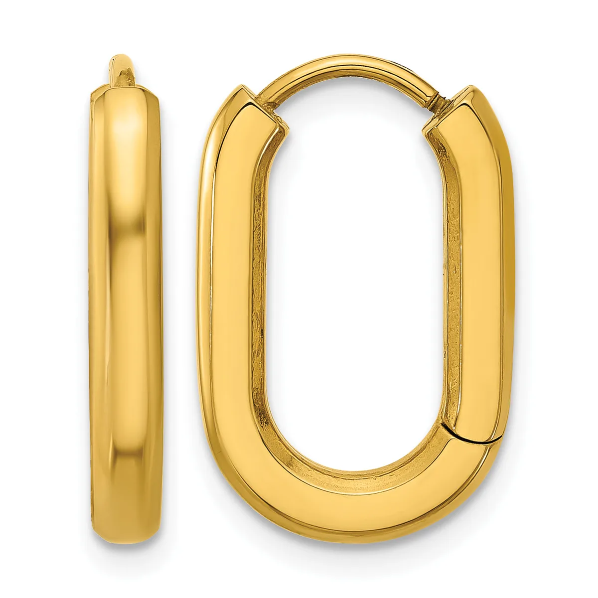 A pair of polished gold-colored oval hoop earrings with a hinged closure, shown from the front and side view.