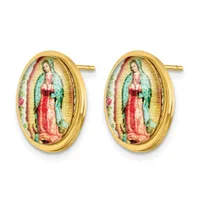 Pair of gold oval stud earrings with religious imagery depicting a figure in a red robe and green cloak with a small cross detail.