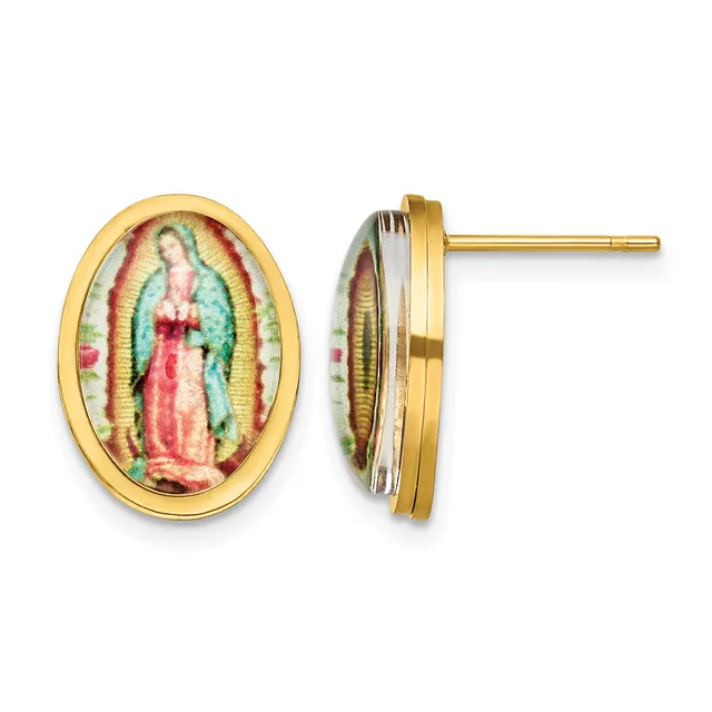 Pair of oval gold stud earrings depicting a religious figure in a pink robe with green and red accents, shown from front and side views.