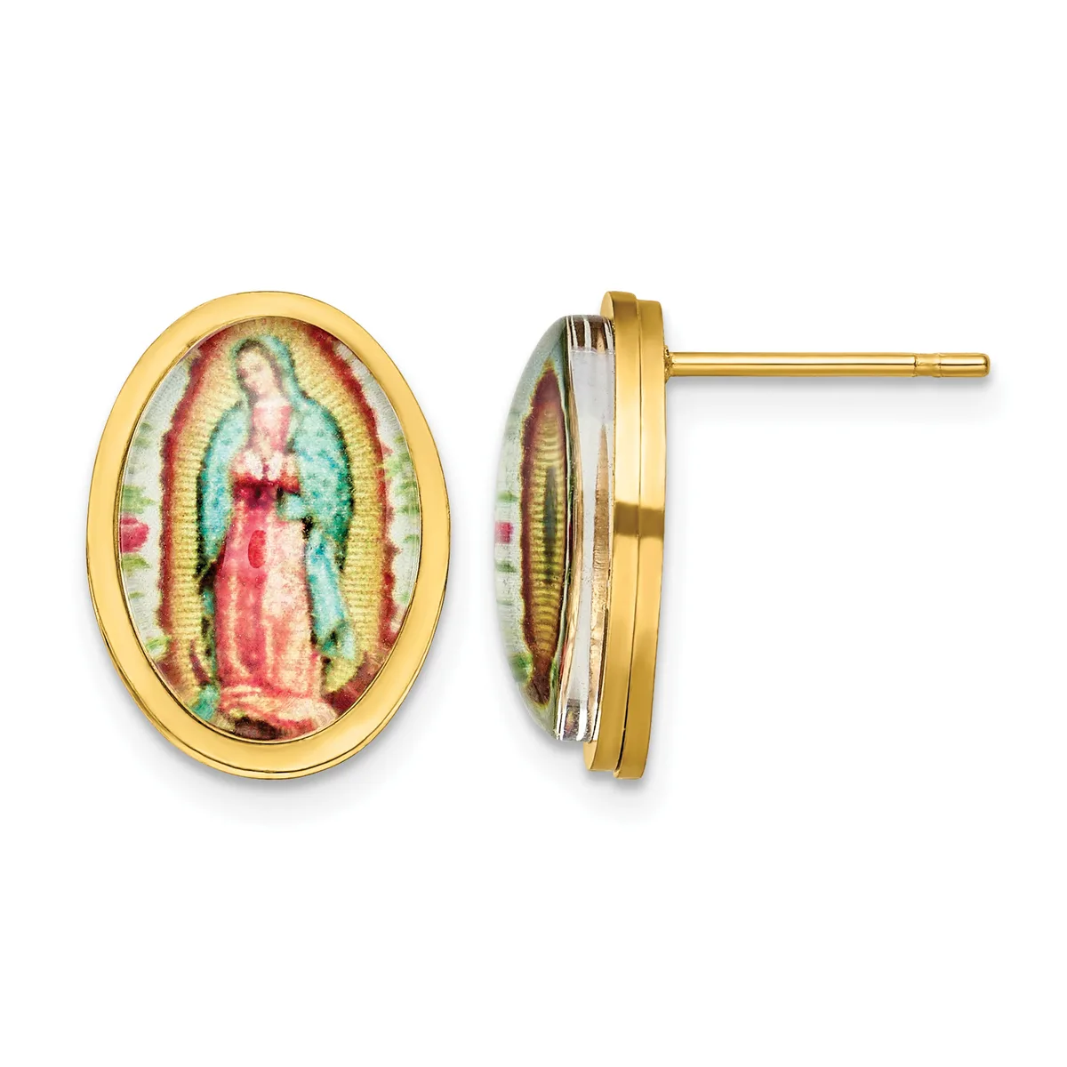 Pair of oval gold stud earrings depicting a religious figure in a pink robe with green and red accents, shown from front and side views.