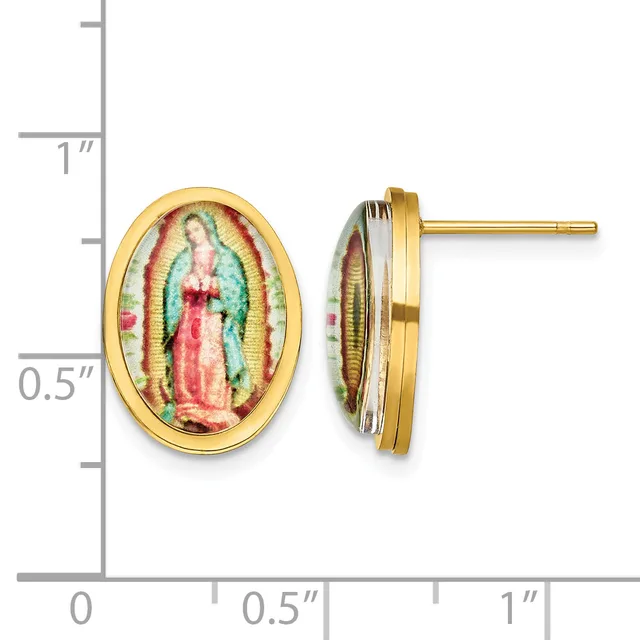 Two oval gold-framed earrings with religious imagery depicting a figure in red and green robes, shown front and side view next to a measurement scale.
