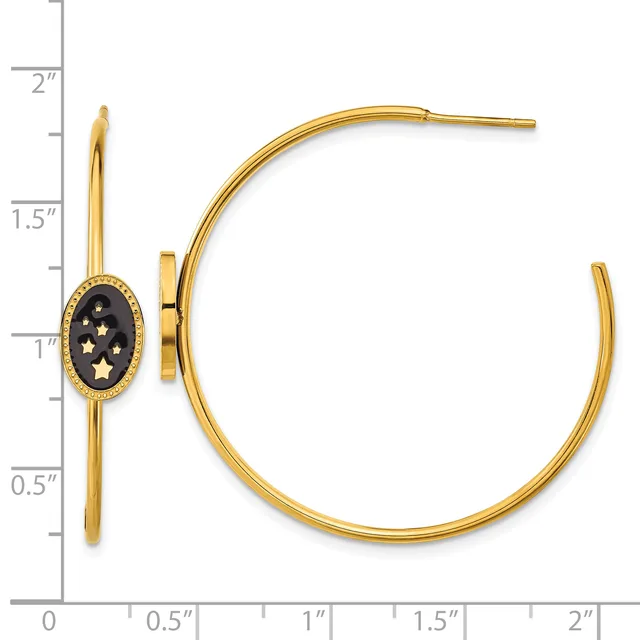 Gold hoop earrings with black oval enamel charms decorated with small stars, shown from front and side views with a measurement scale.