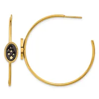 Gold hoop earrings with oval black enamel charms decorated with gold stars, shown from front and side views.