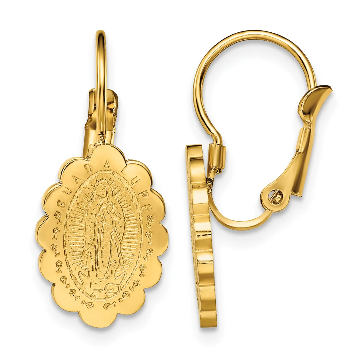 A pair of gold-colored scalloped oval earrings with leverback closures, featuring an embossed religious figure in the center surrounded by decorative radiating lines.