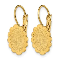 A pair of gold-colored scalloped oval religious medal earrings featuring an engraved figure in the center, suspended from curved lever-back wires.