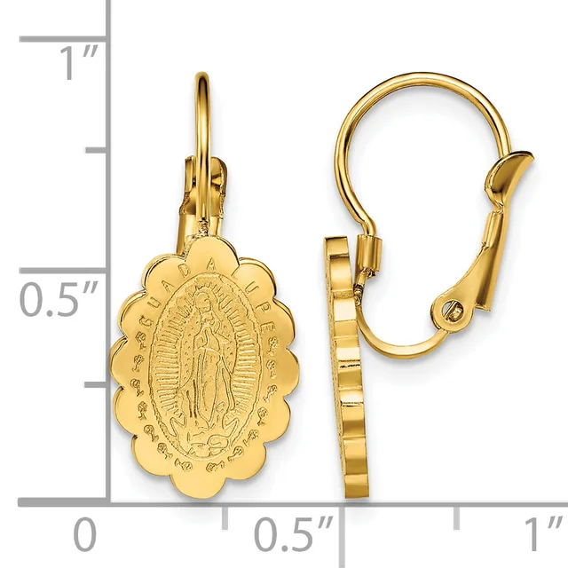 Gold-toned leverback earrings with scalloped oval medallion charms featuring a religious figure in relief, displayed against a measurement scale.