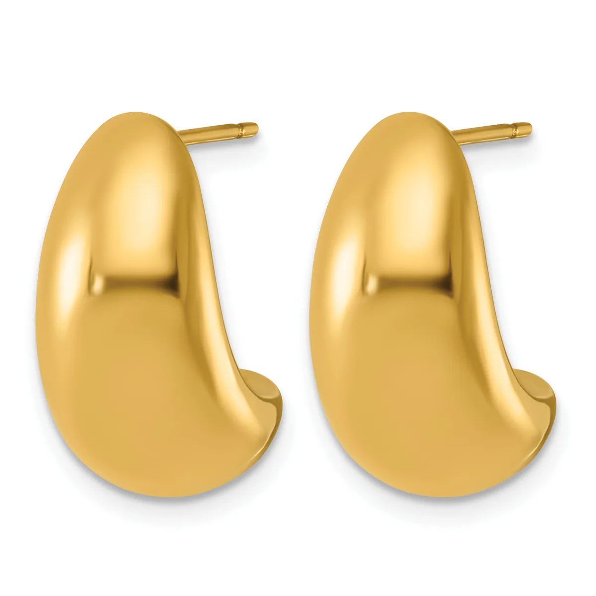 A pair of polished gold teardrop-shaped stud earrings with posts and backs displayed against a white background.