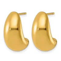 A pair of polished gold teardrop-shaped stud earrings with posts and backs displayed against a white background.