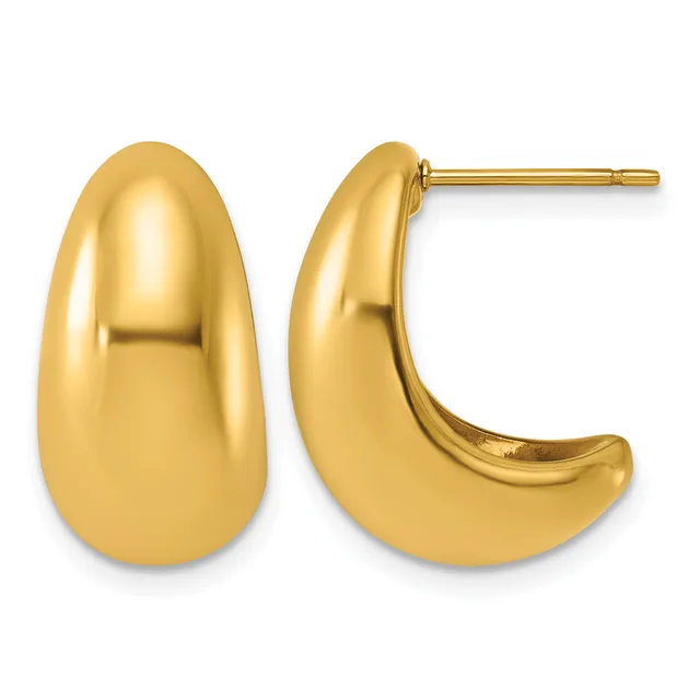 Pair of polished gold-tone chunky curved hoop earrings shown from front and side views with post and clutch backs.