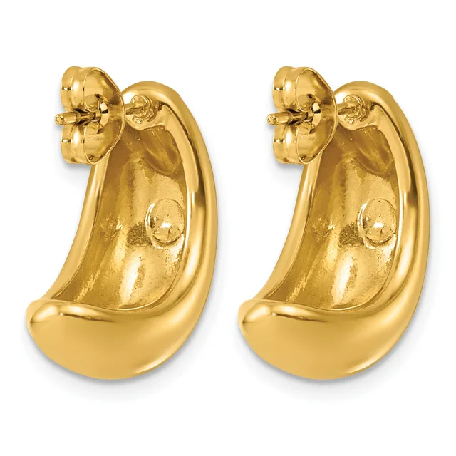 A pair of gold curved hoop earrings with polished surfaces and stud post backs, shown from the front and back views.