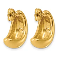 A pair of gold curved hoop earrings with polished surfaces and stud post backs, shown from the front and back views.