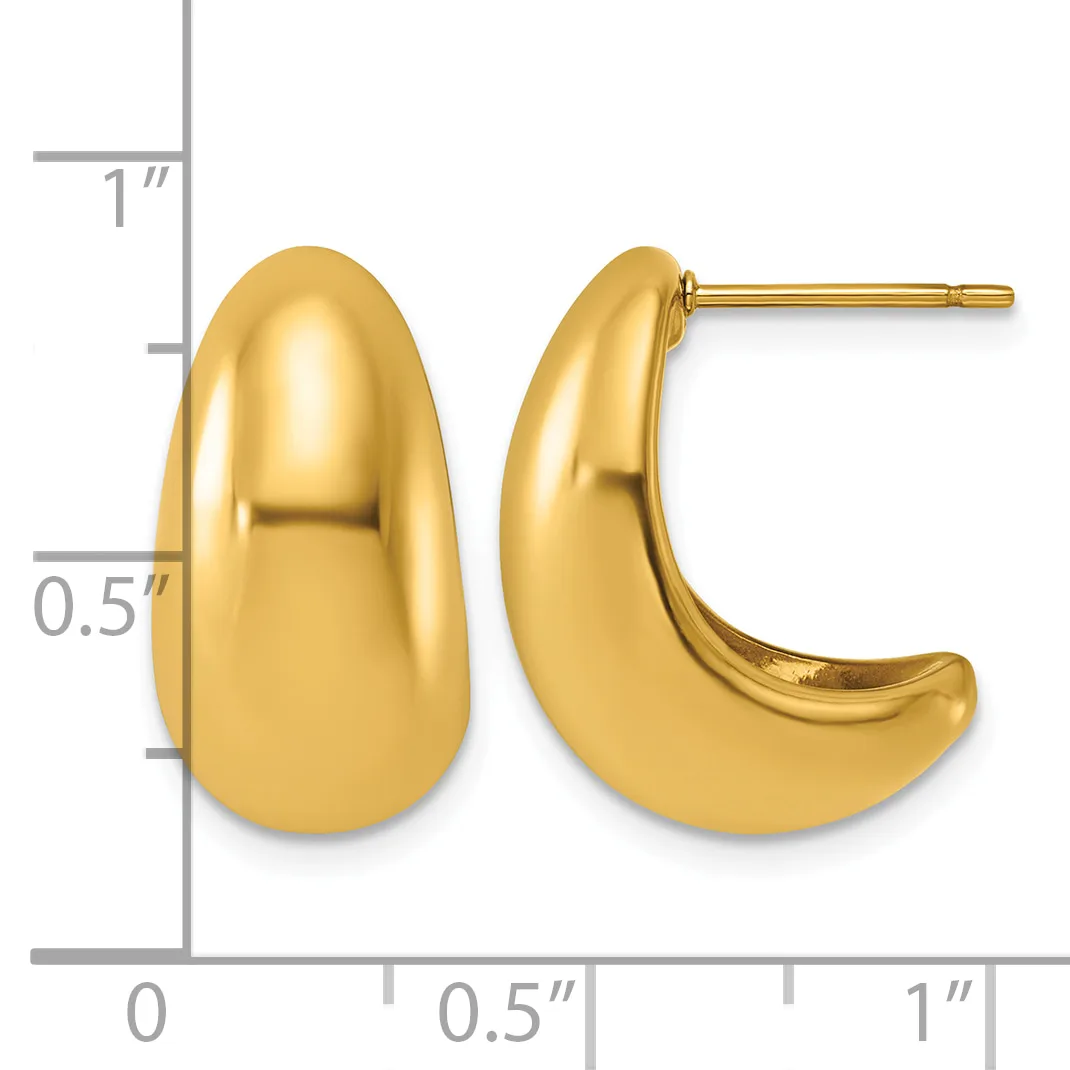 Polished gold curved half-hoop earrings with posts and backs, shown front and side views against a measurement scale.