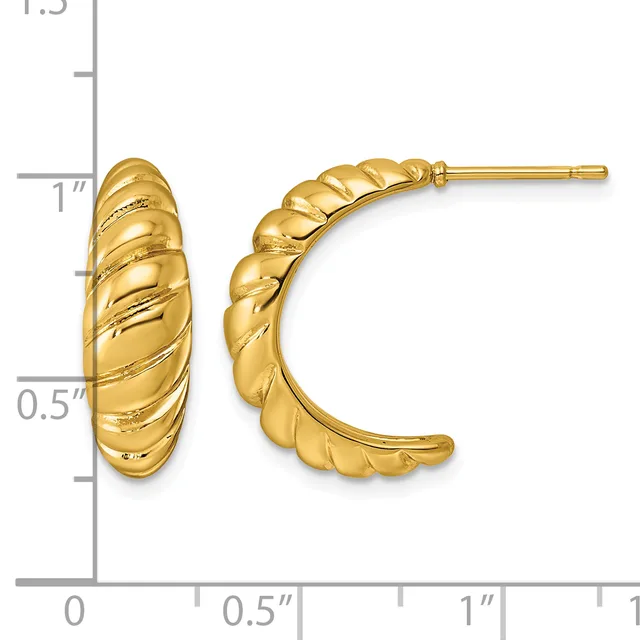 Pair of gold twisted hoop earrings with posts, displayed against a measurement scale showing approximately one inch in length.