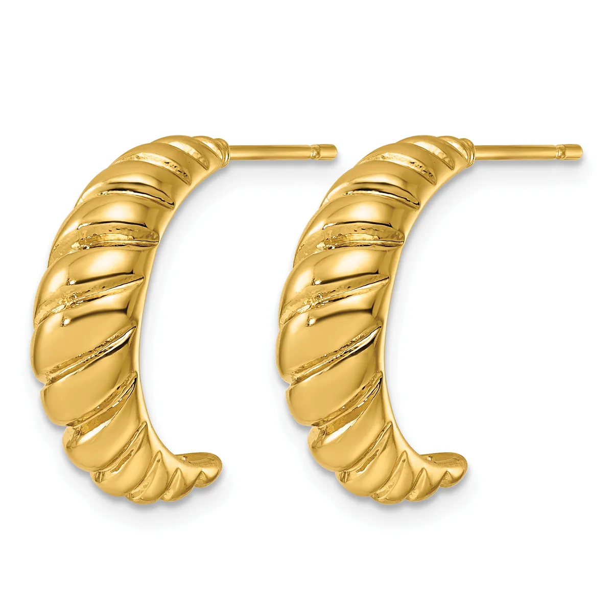 Pair of gold hoop earrings with twisted ribbed texture and post backs, displayed against a white background.