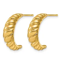 Pair of gold hoop earrings with twisted ribbed texture and post backs, displayed against a white background.