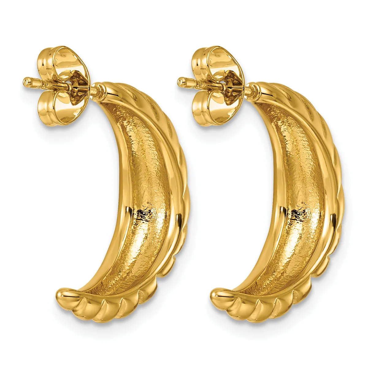 A pair of gold hoop earrings with textured surfaces and rope-twist detailing along the bottom edges, displayed against a white background.